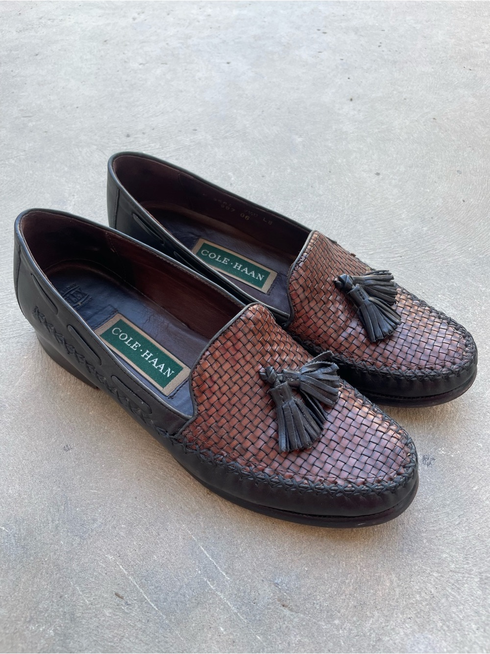 Cole Haan Ladies Brown & Black Woven Leather Tassel Loafers